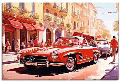 ARTland Leinwandbilder Wandbild Bild auf Leinwand 120x80 cm Wanddeko Auto Sportwagen Oldtimer Mercedes 300 SL Rot Frankreich U5DD von ARTLAND