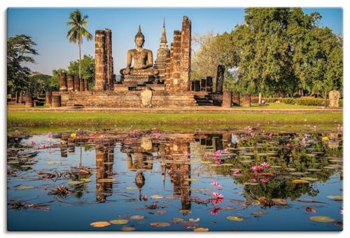 ARTland Leinwandbilder Wandbild Bild auf Leinwand 120x80 cm Wanddeko Natur Teich Idyll Tempel Statue Buddha Buddhismus Wat Mahathat Thailand U4XI von ARTLAND