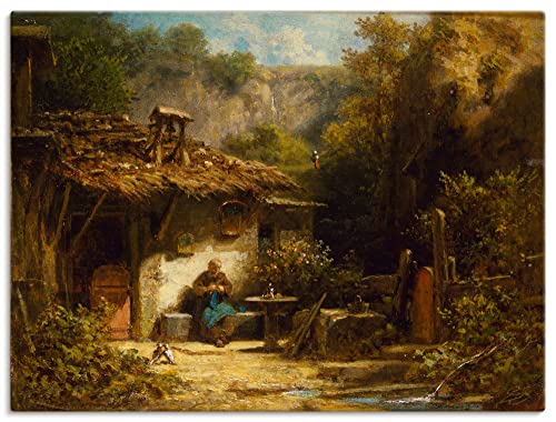 ARTland Leinwandbilder Wandbild Bild auf Leinwand 120x90 cm Wanddeko Garten Hütte Pflanzen Eremit Sitzbank Strickender Einsiedler 1860/70 Biedermeier Carl Spitzweg T6LZ von ARTLAND