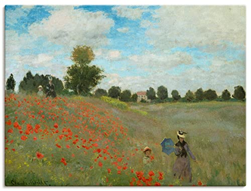 ARTland Leinwandbilder Wandbild Bild auf Leinwand 120x90 cm Wanddeko Wiese Sommer Bäume Mohnblumen Wandern Familie Mohnfeld bei Argenteuil. 1873 Impressionismus Claude Monet T7GN von ARTLAND