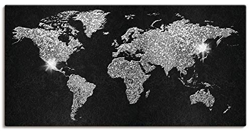 ARTland Leinwandbilder Wandbild Bild auf Leinwand 40x20 cm Querformat Weltkarte Erde Welt Landkarte Kunst Schwarz Silber Glitzer U1SX von ARTLAND