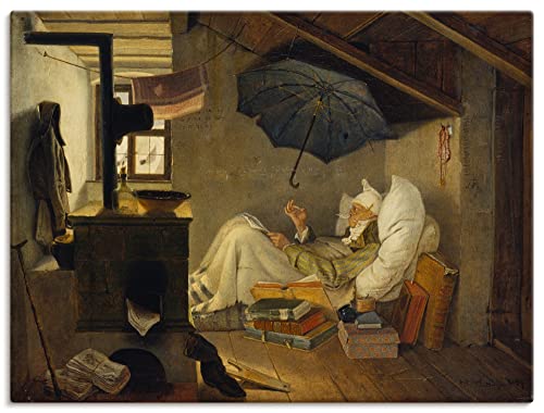 ARTland Leinwandbilder Wandbild Bild auf Leinwand 40x30 cm Wanddeko Dach Zimmer Ofen Regenschirm Armut Poetry Der arme Poet 1839 Biedermeier Carl Spitzweg T7XF von ARTLAND