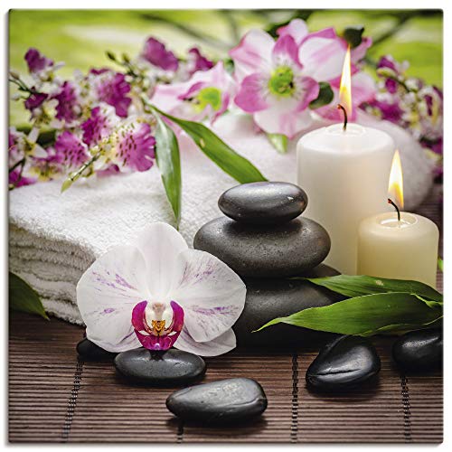 ARTLAND Wanddeko Leinwand Bilder Wandbild 40x40 cm Quadratisch Asien Wellness Zen Steine Spa Orchideen Blüte Kerze Pink Rosa K3AD von ARTLAND