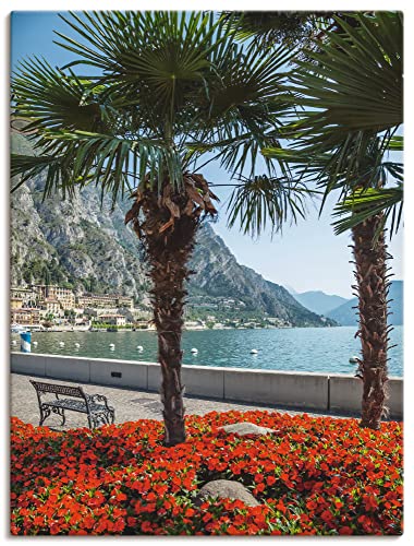 ARTland Leinwandbilder Wandbild Bild auf Leinwand 45 x 60 cm Wanddeko Natur Pflanzen Palme Pier Promenade Idyll See Gardasee Berge Südtirol Italien Q3BO von ARTLAND