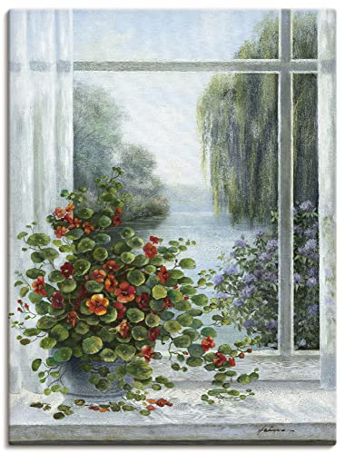 ARTland Leinwandbilder Wandbild Bild auf Leinwand 45x60 cm Stillleben Arrangements Botanik Malerei Grau A6MO Kapuzinerkresse am Fenster von ARTLAND