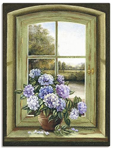ARTland Leinwandbilder Wandbild Bild auf Leinwand 45x60 cm Stillleben Arrangements Botanik Malerei Grün A7BK Hortensien am Fenster von ARTLAND