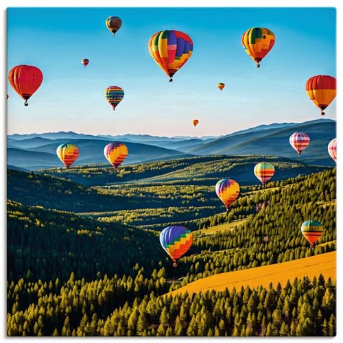 ARTland Leinwandbilder Wandbild Bild auf Leinwand 50x50 cm Wanddeko Landschaften Idyll Berge Wald Ballons Heißluftballon KI Kunst U4YK von ARTLAND