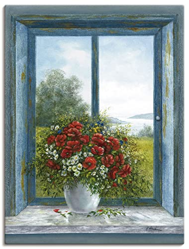 ARTland Leinwandbilder Wandbild Bild auf Leinwand 60x80 cm Stillleben Arrangements Botanik Malerei Blau A6KK Mohnblumen am Fenster von ARTLAND