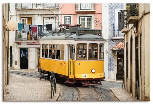 ARTland Leinwandbilder Wandbild Bild auf Leinwand 90x60 cm Wanddeko Historisch Zug Tram Straßenbahn Altstadt Lissabon Portugal U4SR von ARTLAND