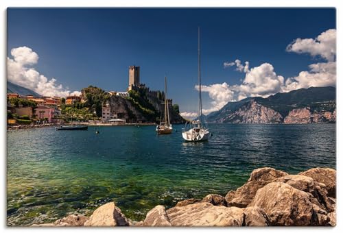 ARTland Leinwandbilder Wandbild Bild auf Leinwand 90x60 cm Wanddeko Mediterran Landschaften Idyll Burg Boot Gardasee Italien U4VN von ARTLAND