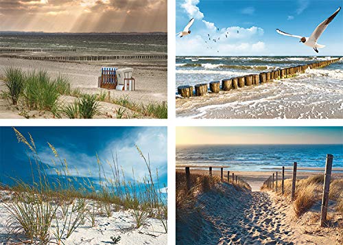 ARTland Poster 4er Set Kunstdruck in Din A4 je 30x20 cm 4 teilig Wandposter ohne Rahmen Strand Landschaft Natur Ostsee Meer Düne Gräser Möwe K2VB von ARTLAND