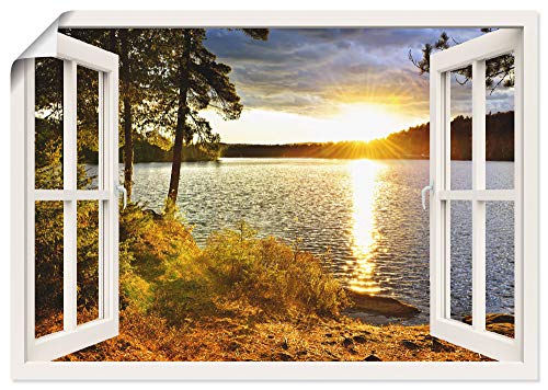 ARTland Poster Bild ohne Rahmen Wandposter 100x70 cm Fensterblick Fenster Landschaft Natur Wald See Sonnenuntergang Wolken K2RH von ARTLAND