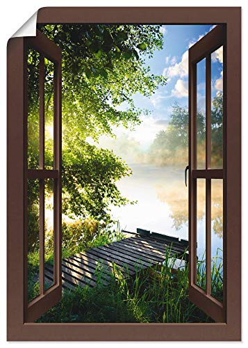 ARTland Poster Bild ohne Rahmen Wandposter 50x70 cm Fensterblick Fenster Landschaft Wald Natur See Angelsteg Sonne Frühling T1DZ von ARTLAND
