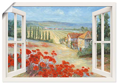 ARTland Poster Bild ohne Rahmen Wandposter 70x50 cm Fensterblick Landschaft Toskana Italien Mohnblumen Blumen Natur C8ZS von ARTLAND