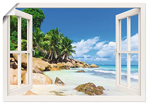 ARTLAND Wanddeko Poster & Kunstdrucke Wandposter Querformat Fensterblick Strand Karibik Meer Palmen Südsee Natur U1UC von ARTLAND