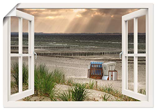 ARTland Poster Kunstdruck Wandposter Bild ohne Rahmen 100x70 cm Fensterblick Fenster Strand Düne Meer Maritim Strandkorb Küste Insel T6AM von ARTLAND