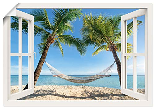 ARTland Poster Kunstdruck Wandposter Bild ohne Rahmen 100x70 cm Fensterblick Fenster Strand Karibik Meer Palmen Hängematte Südsee T4TQ von ARTLAND