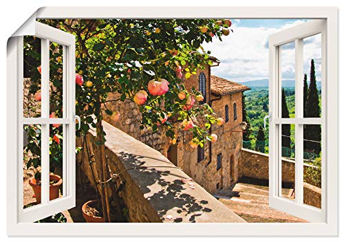 ARTland Poster Kunstdruck Wandposter Bild ohne Rahmen 100x70 cm Fensterblick Fenster Toskana Landschaft Garten Rosen Balkon Natur T5QC von ARTLAND