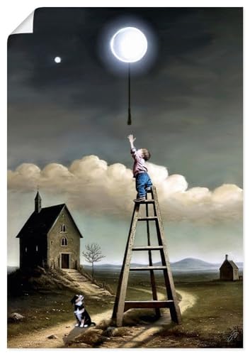 ARTland Poster Kunstdruck Wandposter Bild ohne Rahmen 50x70 cm Kinderzimmer Deko Leiter Junge Mond Lampe Licht Nacht Fantasy Märchen U4ZY von ARTLAND