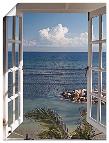 ARTLAND Wanddeko Poster & Kunstdrucke Wandposter 60x80 cm Fensterblick Fenster zum Paradies Strand Meer Maritim Palmen Landschaft T9II von ARTLAND