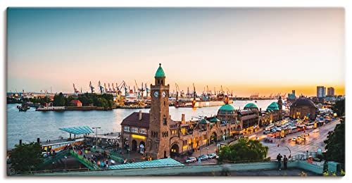 ARTland Leinwandbilder Wandbild Bild auf Leinwand 150 x 75 cm Wanddeko Maritim Hamburg Skyline Hafen Elbe Kräne Turm Uhr Landungsbrücken S8PM von ARTLAND