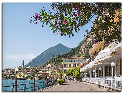 ARTland Leinwandbilder Wandbild Bild auf Leinwand 40 x 30 cm Wanddeko Stadt Pier Promenade Restaurant See Gardasee Berge Südtirol Italien Q3BQ von ARTLAND