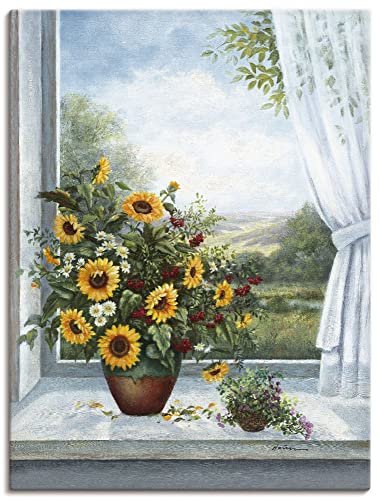 ARTland Leinwandbilder Wandbild Bild auf Leinwand 60x80 cm Stillleben Arrangements Botanik Malerei Blau A6DL Sonnenblumen am Fenster von ARTLAND