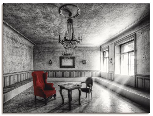 ARTland Leinwandbilder Wandbild Bild auf Leinwand 80 x 60 cm Wanddeko Architektur Lost Place Zimmer Deko Lampe Kronleuchter Sessel Rot Foto Schwarz Weiß T9SH von ARTLAND