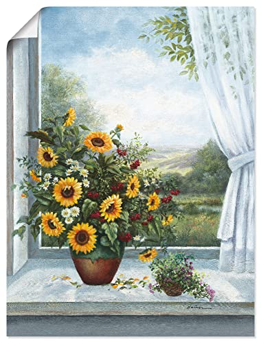 ARTland Poster Kunstdruck Wandposter Bild ohne Rahmen 60x80 cm Stillleben Arrangements Botanik Malerei Blau A6DL Sonnenblumen am Fenster von ARTLAND