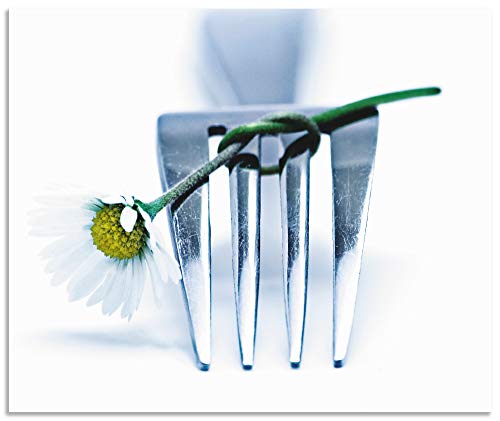 ARTland Spritzschutz Küche aus Alu für Herd Spüle 60x50 cm (BxH) Küchenrückwand mit Motiv Essen Gabel Gänseblümchen Blume Modern Weiß T5VS von ARTLAND