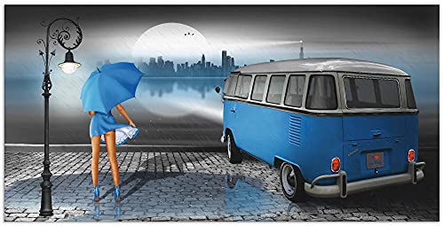 ARTland Wandbild Alu Verbundplatte für Innen & Outdoor Bild 100 x 50 cm Skyline Pin Up Regenschirm Auto VW Camper T1 Blau Regen bei Nacht Retro Vintage T6HM von ARTLAND