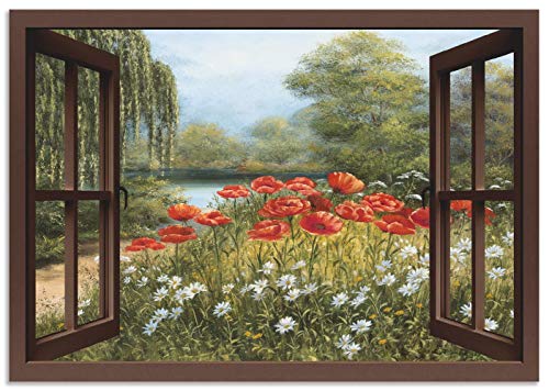ARTland Wandbild Alu Verbundplatte für Innen & Outdoor Bild 130x90 cm Fensterblick Landschaft Blumen Mohnblumen See Blumenwiese Natur F7EO von ARTLAND