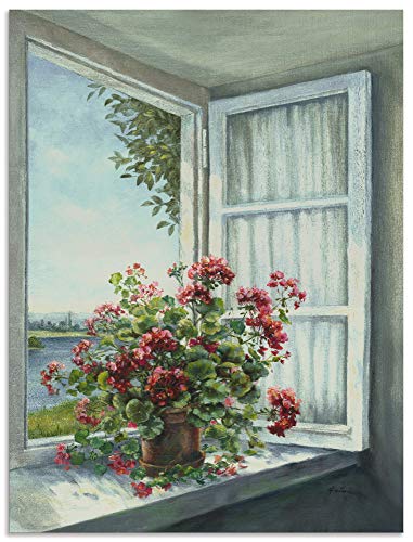 ARTland Wandbild Alu Verbundplatte für Innen & Outdoor Bild 45x60 cm Fensterblick Fenster Blumen Botanik Geranie Malerei Landhaus Kunst T4DR von ARTLAND