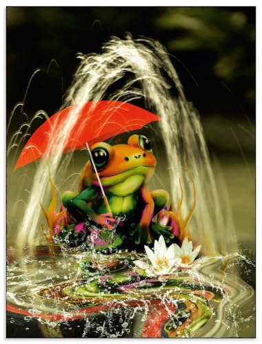 ARTland Wandbild Alu Verbundplatte für Innen & Outdoor Bild 45x60 cm Frosch Regenschirm Seerose Blumen Märchen Garten Fantasy U4VR von ARTLAND