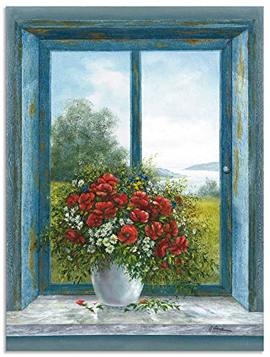 ARTland Wandbild Alu Verbundplatte für Innen & Outdoor Bild 45x60 cm Stillleben Arrangements Botanik Malerei Blau A6KK Mohnblumen am Fenster von ARTLAND