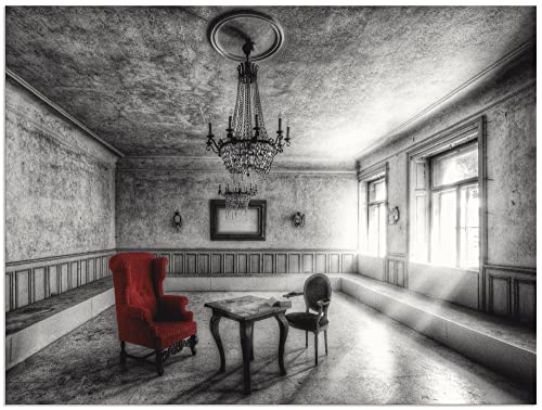 ARTland Wandbild Alu Verbundplatte für Innen & Outdoor Bild 60 x 45 cm Architektur Lost Place Zimmer Deko Lampe Kronleuchter Sessel Rot Foto Schwarz Weiß T9SH von ARTLAND