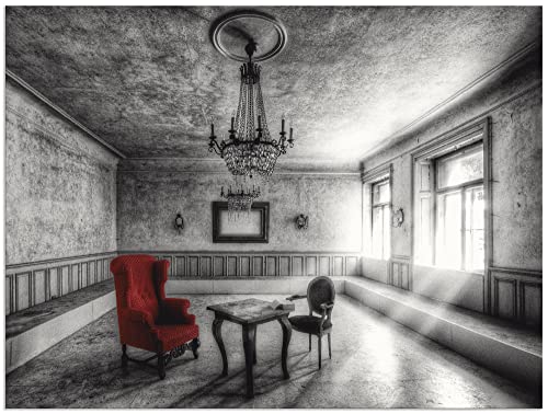 ARTland Wanddeko Wandbild Alu Verbundplatte für Innen & Outdoor Bild 60 x 45 cm Architektur Lost Place Zimmer Deko Lampe Kronleuchter Sessel Rot Foto Schwarz Weiß T9SH von ARTLAND