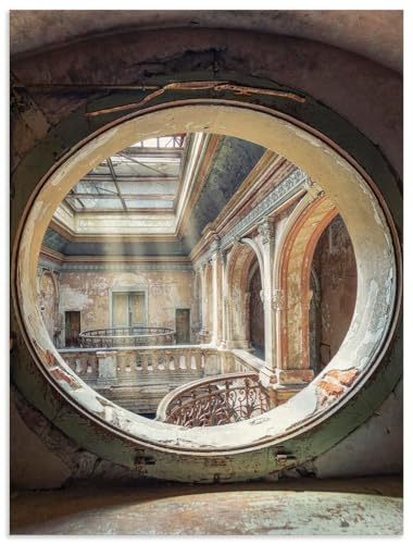 ARTland Wandbild Alu Verbundplatte für Innen & Outdoor Bild 60x80 cm Architektur Ruinen Treppe Bullauge Fenster Ornamente Licht Lost Places U4YD von ARTLAND