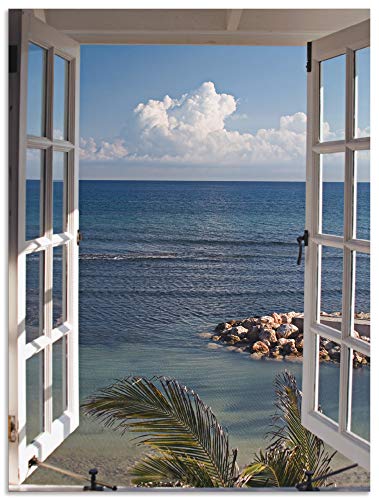 ARTland Wandbild Alu Verbundplatte für Innen & Outdoor Bild 60x80 cm Fensterblick Fenster zum Paradies Strand Meer Maritim Palmen Landschaft T9II von ARTLAND