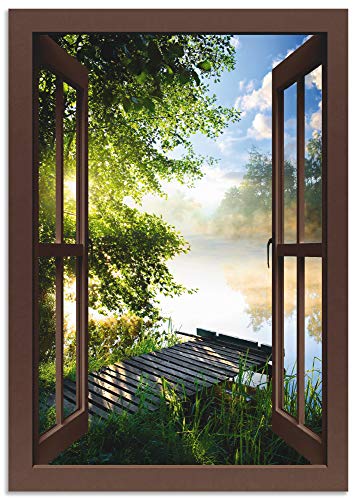 ARTland Wandbild Alu Verbundplatte für Innen & Outdoor Bild 70x100 cm Fensterblick Fenster Landschaft Wald Natur See Angelsteg Sonne Frühling T1DZ von ARTLAND