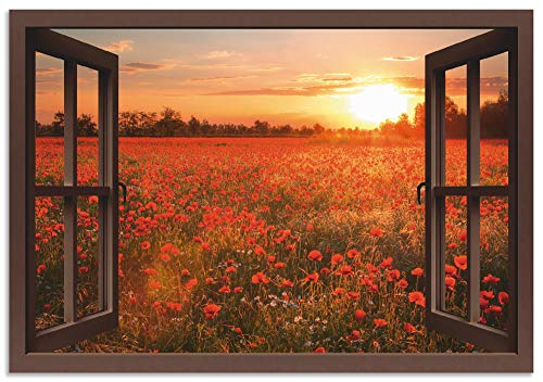 ARTland Wandbild Alu Verbundplatte für Innen & Outdoor Bild 70x50 cm Fensterblick Fenster Natur Botanik Blumen Mohnblumen Sonnenuntergang T5ZN von ARTLAND