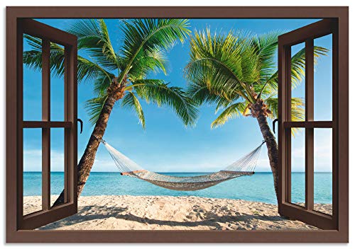 ARTland Wandbild Alu Verbundplatte für Innen & Outdoor Bild 70x50 cm Fensterblick Fenster Strand Karibik Meer Palmen Hängematte Südsee T4TP von ARTLAND