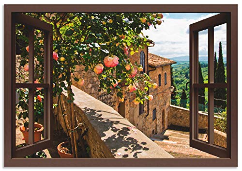 ARTland Wandbild Alu Verbundplatte für Innen & Outdoor Bild 70x50 cm Fensterblick Fenster Toskana Landschaft Garten Rosen Balkon Natur T5QB von ARTLAND