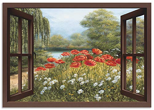 ARTland Wandbild Alu Verbundplatte für Innen & Outdoor Bild 70x50 cm Fensterblick Landschaft Blumen Mohnblumen See Blumenwiese Natur F7EO von ARTLAND