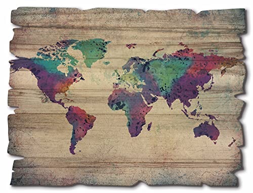 ARTland Wandbild aus Holz Shabby Chic Holzbild 40x30 cm Rechteckig Weltkarte Kontinente Welt Landkarte Bunt Landhausstil U1TJ von ARTLAND