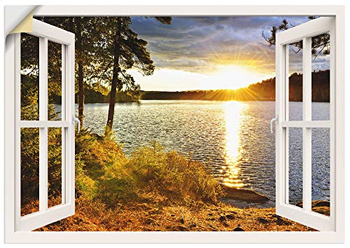 ARTland Wandbild selbstklebend Vinylfolie 100x70 cm Fensterblick Fenster Landschaft Natur Wald See Sonnenuntergang Wolken K2RH von ARTLAND