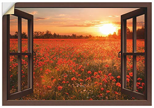 ARTland Wandbild selbstklebend Vinylfolie 100x70 cm Fensterblick Fenster Natur Botanik Blumen Mohnblumen Sonnenuntergang T5ZN von ARTLAND