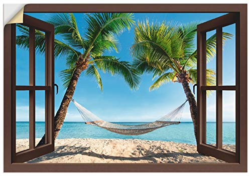 ARTland Wandbild selbstklebend Vinylfolie 100x70 cm Fensterblick Fenster Strand Karibik Meer Palmen Hängematte Südsee T4TP von ARTLAND