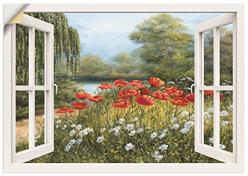 ARTland Wandbild selbstklebend Vinylfolie 100x70 cm Fensterblick Landschaft Blumen Mohnblumen See Blumenwiese Natur F7EN von ARTLAND