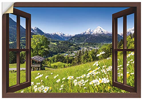 ARTland Wandbild selbstklebend Vinylfolie 130x90 cm Fensterblick Fenster Alpen Landschaft Berge Wald Gebirge Wiese Natur T5TP von ARTLAND
